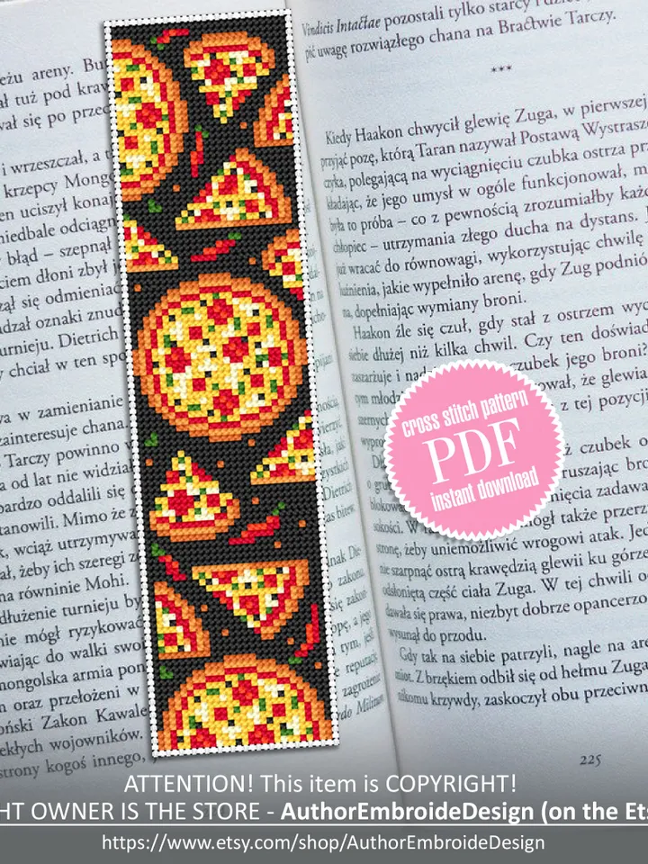 Pizza bookmark cross stitch pattern PDF download Simple handmade bookmark digital PDF, Fast food cross stitch chart, Pizza lover gift #B127