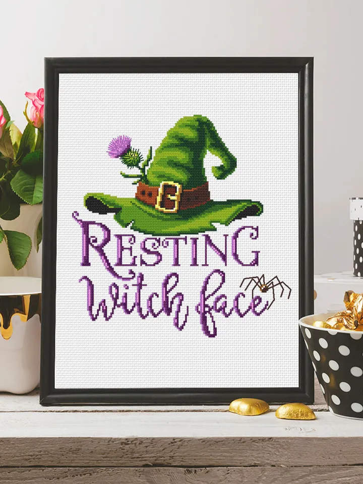 Resting witch face cross stitch pattern download PDF, Halloween witch cross stitch chart, Cute Halloween pattern digital PDF Home decor #H46