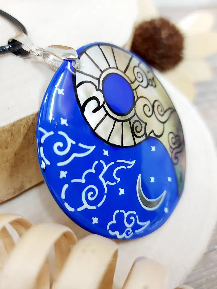 Mother-of-pearl Russian necklace with hand-painted pendant "Yin-Yang. Day-Night" Hand-painted Necklace Pendant