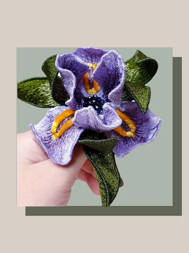 Iris  brooch FSL machine embroidery designs Free standing lace embroidery pattern 3D flower embroidery motif Flower FSL embroidery broochFSL