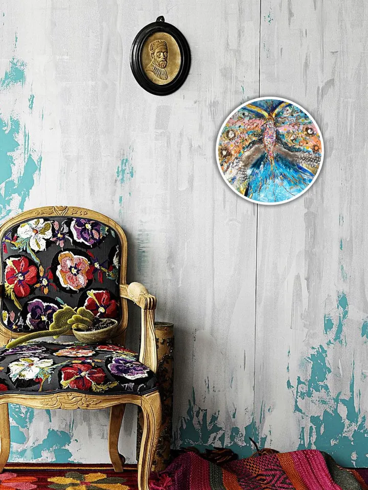 Abstract butterfly mix media painting on round canvas,original artwork,oil,acrylic feathers and beads decorated,unique home decoration ,gift
