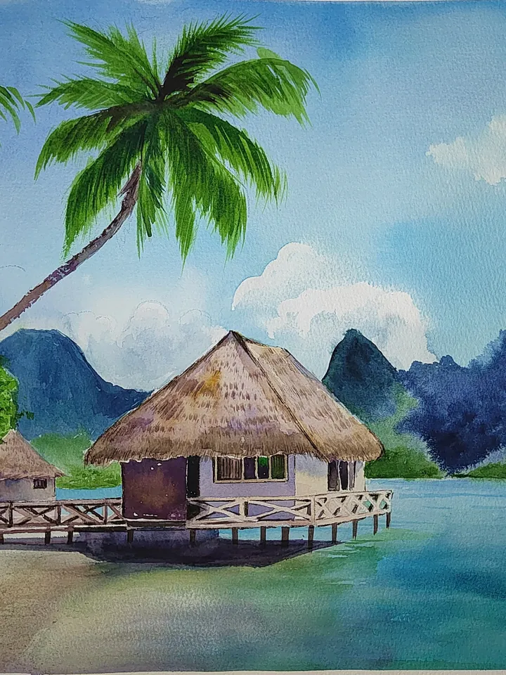 Original Watercolor Painting Tropical Landscape Art Beach and Bungalows Artwork Sea with Mountains Picture Aquarelle Tropical Beach