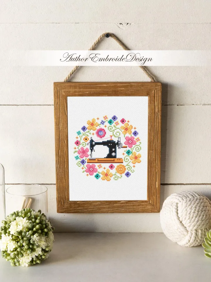 Floral sewing machine cross stitch pattern PDF instant download Sewing cross stitch chart, Floral pattern digital PDF Sewing room decor #O24
