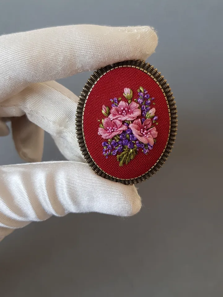 Ribbon embroidered bordo color brooch for her, hand embroidery jewelry
