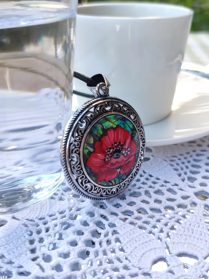 Pearl pendant necklace: Exquisite Red Poppy on Heliotis Pearl Pendant featuring an intricate openwork frame • Elegant red floral necklace