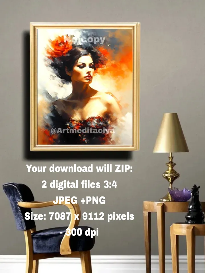 Digital abstract painting "Mysterious Carmen", made in the style of oil painting with a palette knife on an abstract white-beige-orange-gray background. This is a blurry concise image of a Spanish brunette in a dark neckline with an orange flower in hair