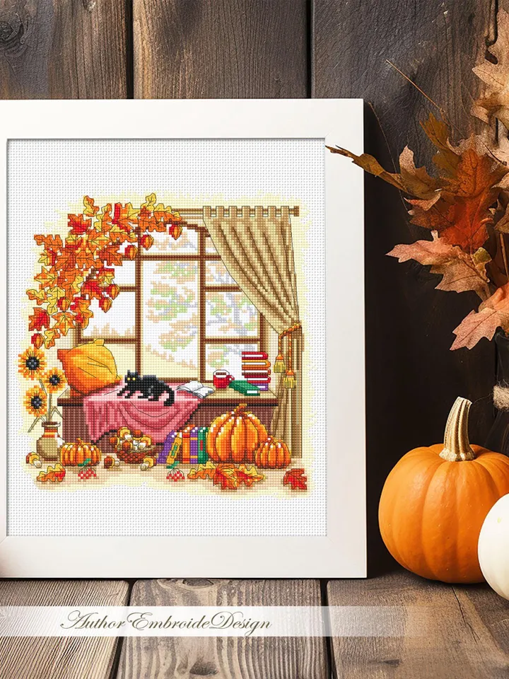Autumn window cross stitch pattern PDF download Fall cross stitch chart, Autumn pattern digital PDF, Fall leaves embroidery, Home decor #L89