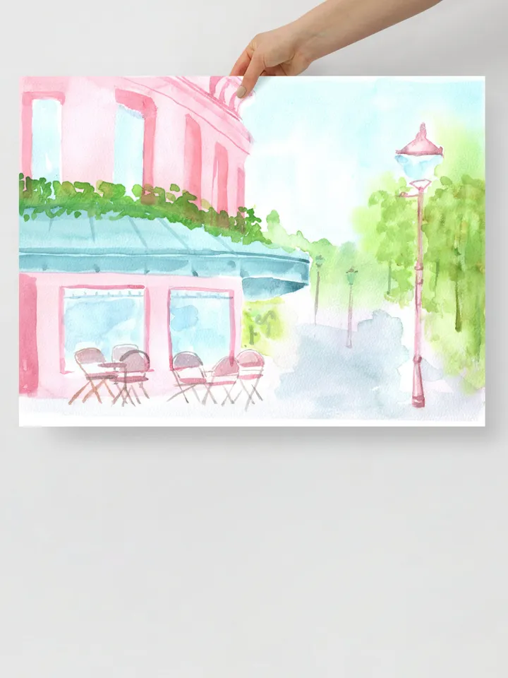 Pink Blue French Street Painting, French Watercolor, Pastel Pink Wall Art, Pink House Painting, Cityscape Watercolor, Gift For Her, Pink Art