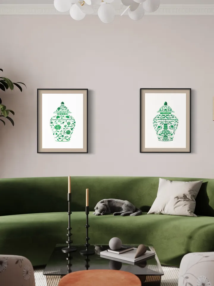 Green Chinoiserie Set Of 2 Posters Watercolor Porcelain Ginger Jar Wall Art Green Vase Print Gift Home Decor Asian Vase Watercolor Prints