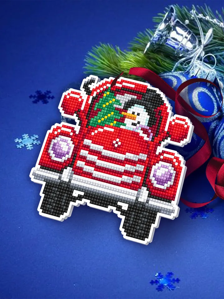 Christmas red truck cross stitch pattern PDF download Double-sided Christmas tree decor for plastic canvas, Funny deer cross stitch #N130