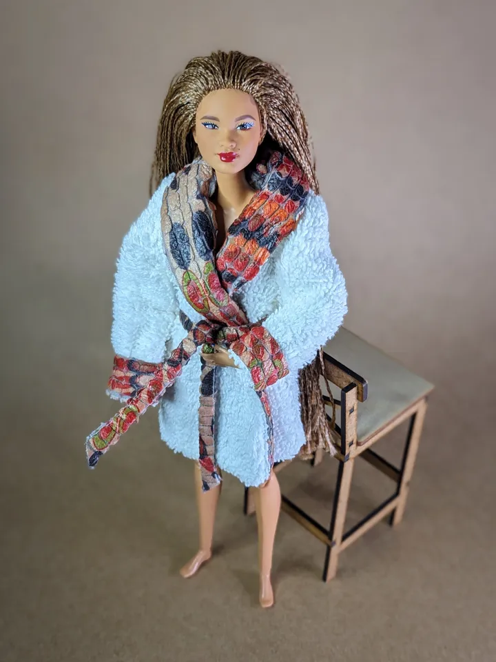 Handmade white & brown terry bathrobe for 1/6 scale fashion female dolls