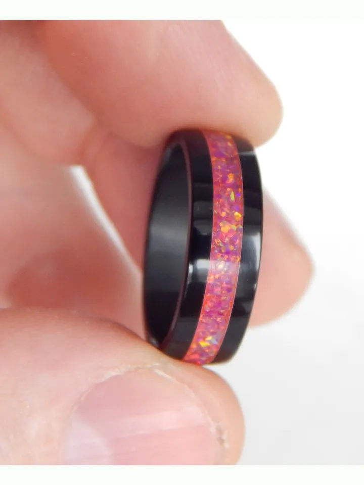 Stylish black ring. Carbon ring with synthetic opal. 8