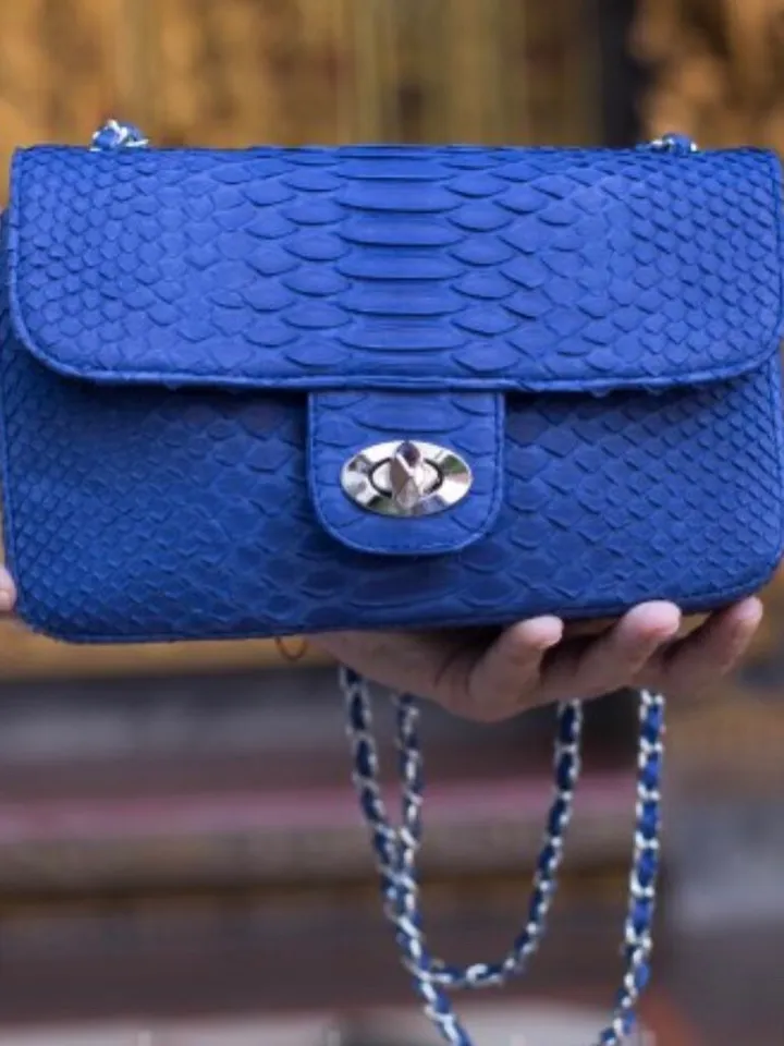 Blue Genuine Python Skin Crossbody Chain Bag | Bright Summer Bag | Elegant Women Bag | Chain Strap Crossbody Deep blue classy Purse