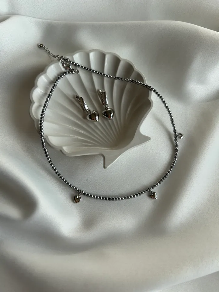 Set of 2 accessories, hematite necklace, heart earrings, handmade choker, ready to ship
