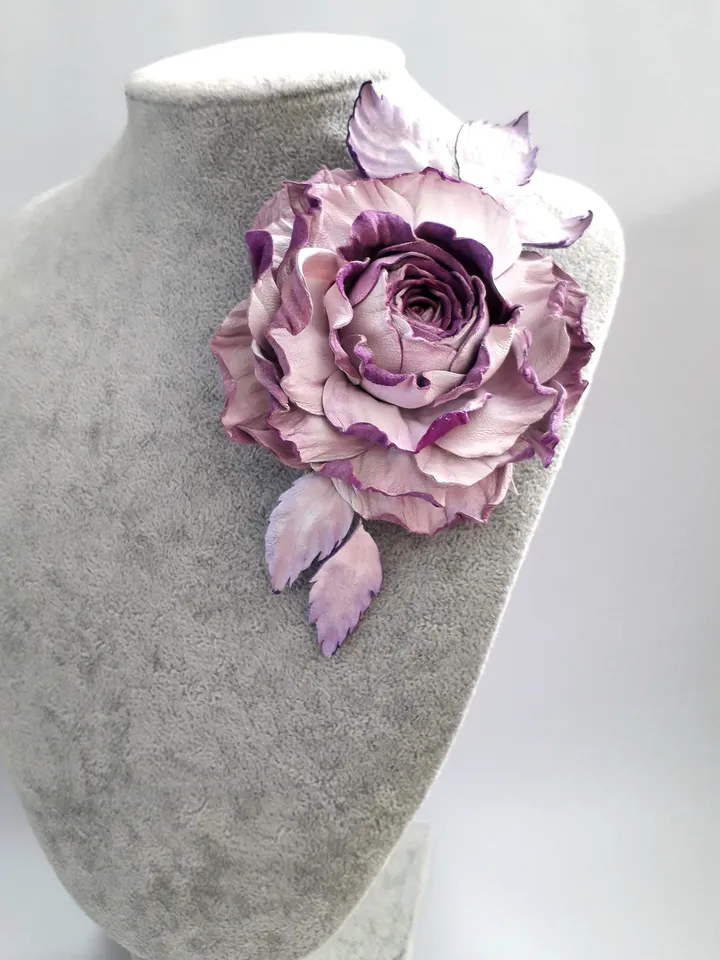 Lilac rose leather brooch 3rd anniversary gift for wife, Leather women's jewelry