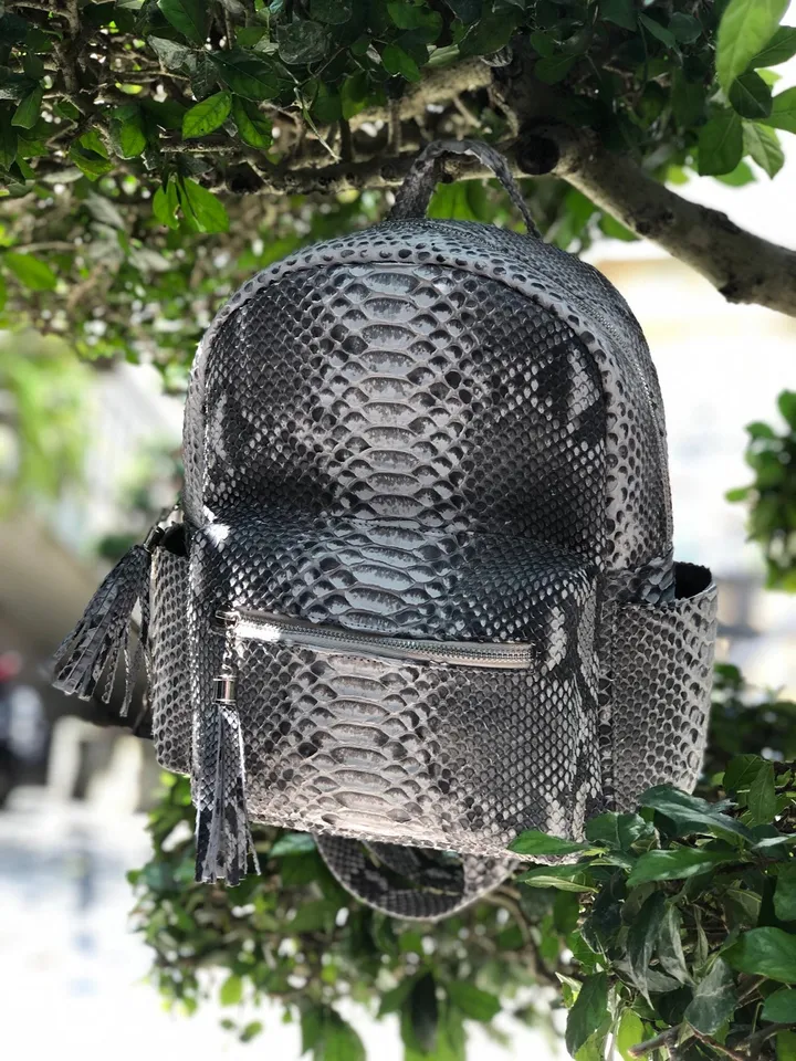 Genuine Python Skin Backpack Grey Woman Classy Elegant Backpack Leather, Woman Handmade Backpack Genuine Snakepint Pythonprint Natural Trend