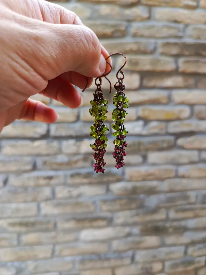 Copper Earrings with Peridot and Garnet β Summer Berry Cluster