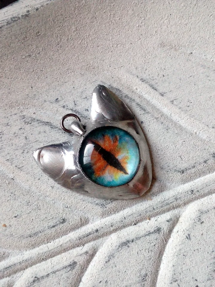 CAT necklace, cat eye tin soldered pendant, cat lovers jewelry, Halloween necklace, witchy aesthetic, goth bat pendant