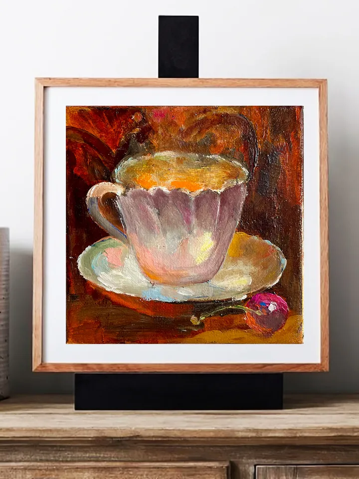 Coffee Still Life Painting Kitchen Wall Decor, Coffee cup and cherry art oil on canvas 6"x6"
