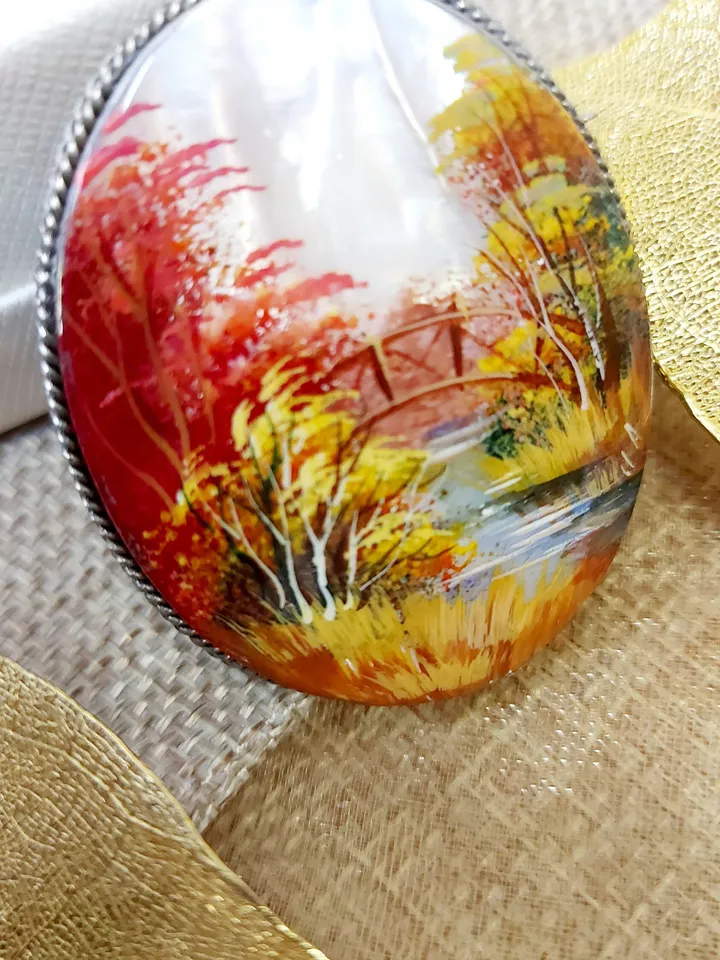 Brooches for women: Fall season in enchanted forest on pearl brooch • Red and orange handmade seashell pin • Dainty bright brooch for dress
