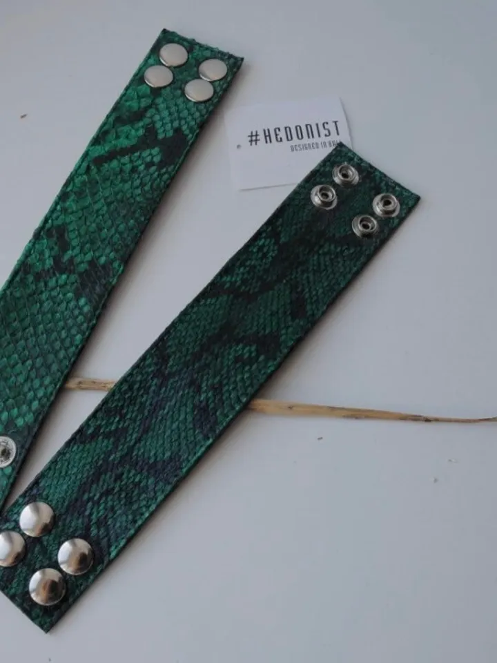 Green Python Skin Bracelet | Flat Woman Buttoned Exotic Leather Bracelet | Wide Leather Bracelet | Women Jewerly | Snake Skin Bracelet