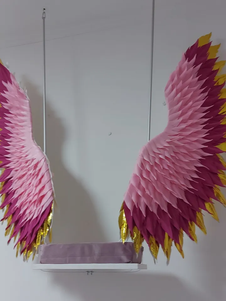 Handmade swing, hanging swing, Large angel wings, fuchsia and gold wings, winged swing,  Party Background nursery decor
