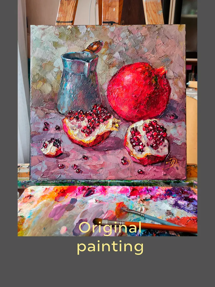 Fruit Pomegranate and Coffee Painting Still Life for Kitchen Original Art Oil Canvas Stretched Impasto Painting 16 x 16 inches by Nata_Lena_Art