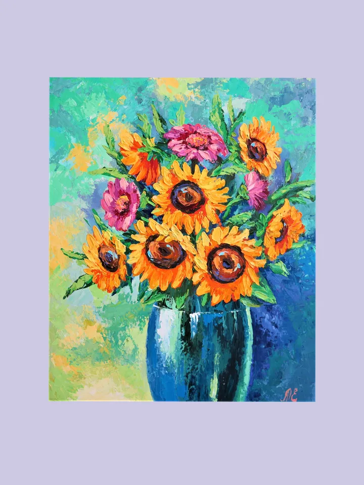 Oil Painting of Sunflower Bouquet Vibrant Floral Wall Art for Home Decor by Elena