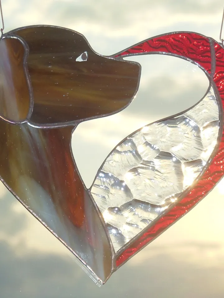 Dog Dark Brown Chocolate in Heart . Art stained glass window hanging Suncatcher . Gift for animal lover , pet loss memorial