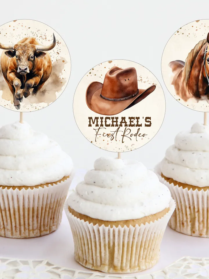 Editable Cupcake topper First Rodeo Birthday party label; Wild West Cowboy Party; Our Little Cowboy is One Party Birthday ; fr12