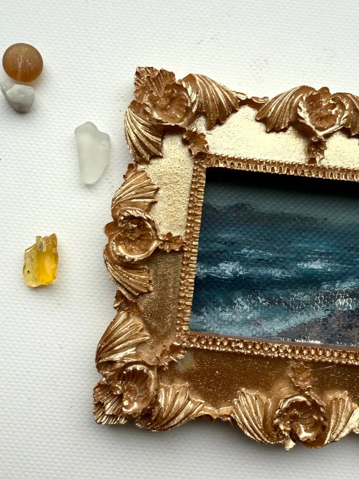 Small Landscape Oil Painting Framed Original Foggy Coast Painting Antique Ocean Art Gold Frame Tiny Paintings 3 x 4 Wave Art