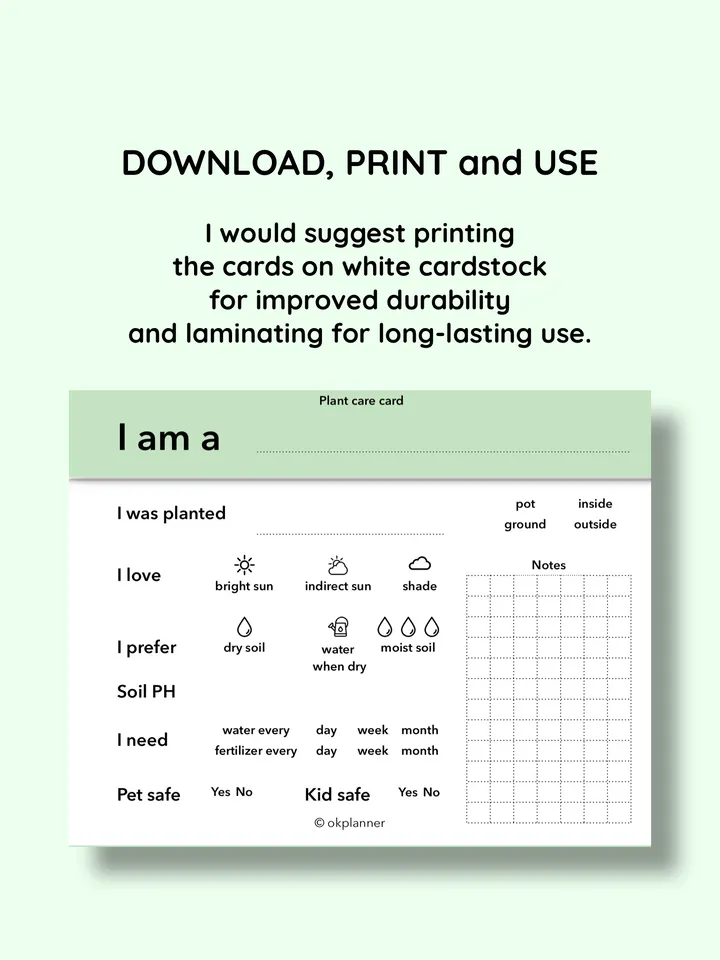 Printable Plant Care Card – Track Watering, Sunlight & Soil for Healthy Plants! Garden care printable. Houseplant care cards. Plant maintenance log. Gardener’s & Plant Lover’s gift. Printable plant tracker. Garden organization tool. Flower care tracker.