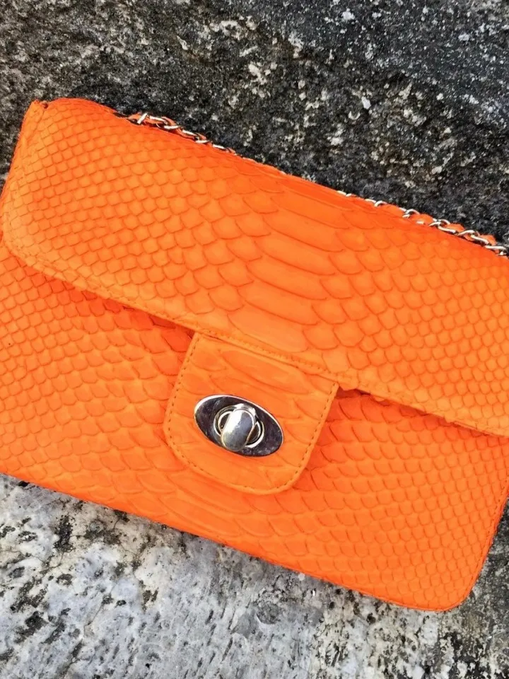 Genuine python skin maxi crossbody orange bag, summer big chain crossbody, elegant classy crossbody bag genuine leather summer | snakeskin