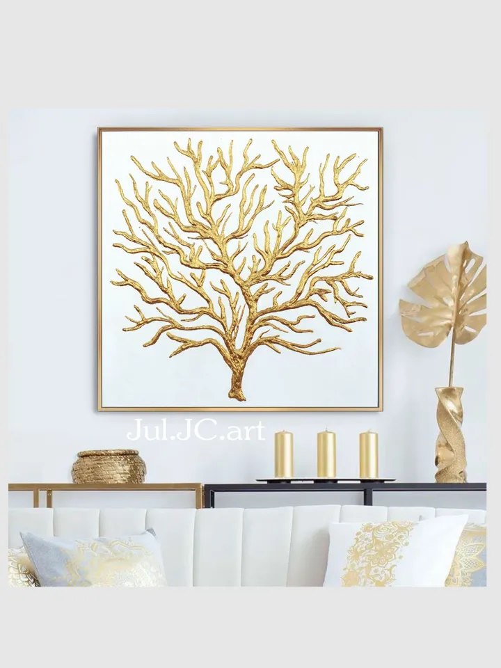 Gold Tree Abstract Painting Gold and White Wall Art on canvas Shiny Textured Artwork Modern wall decor