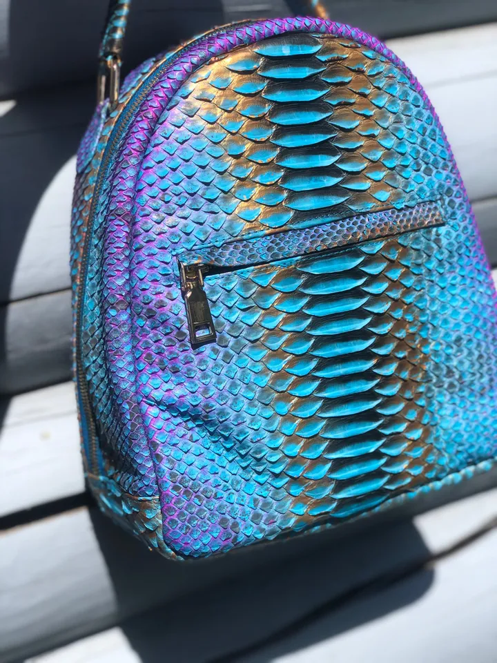 Genuine Python Skin Blue Shiny Backpack | Exotic Leather Bags | Women Sport Chic Leather BackPack | Backpack For Girls | Handmade Backpacks