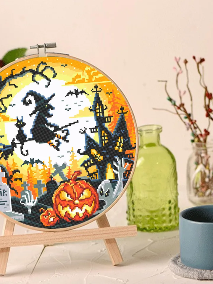 Halloween cross stitch pattern download PDF Halloween moon cross stitch chart Spooky cross stitch Cute Halloween witch Magic embroidery #H26