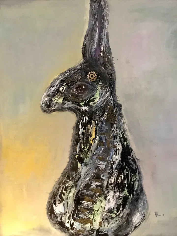 Black bunny,textured oil painting on canvas,black rabbit impasto painting,original oil painting,unique gift,unique kids room decoration