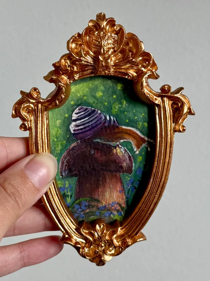Snail Painting Original In Vintage Style Frame Small Framed Gobllincore Painting Art Slug Art Snail On Mushroom Portrait