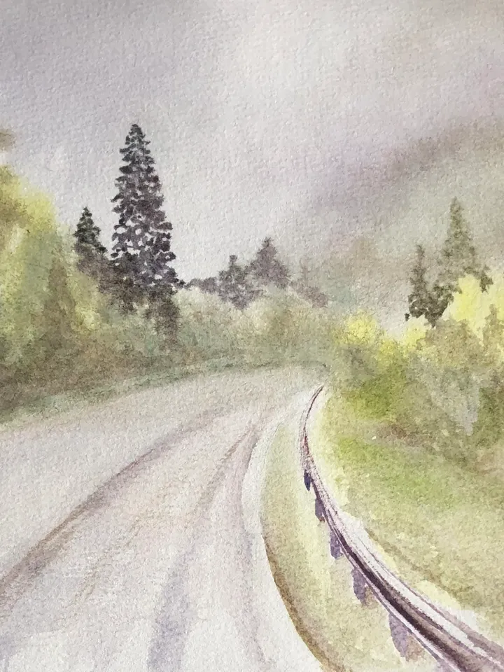 Road original watercolour painting forest mountains landscape wall art