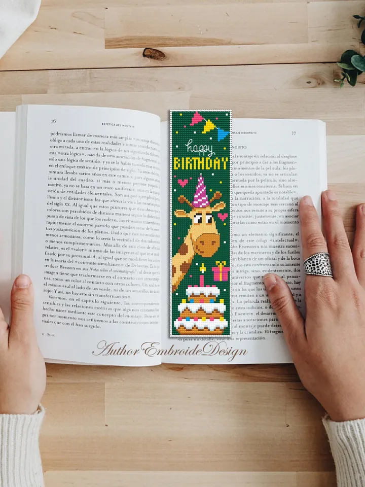 Birthday bookmark cross stitch pattern PDF download Giraffe cross stitch chart, Bookmark pattern digital, Birthday cake cross stitch #B460