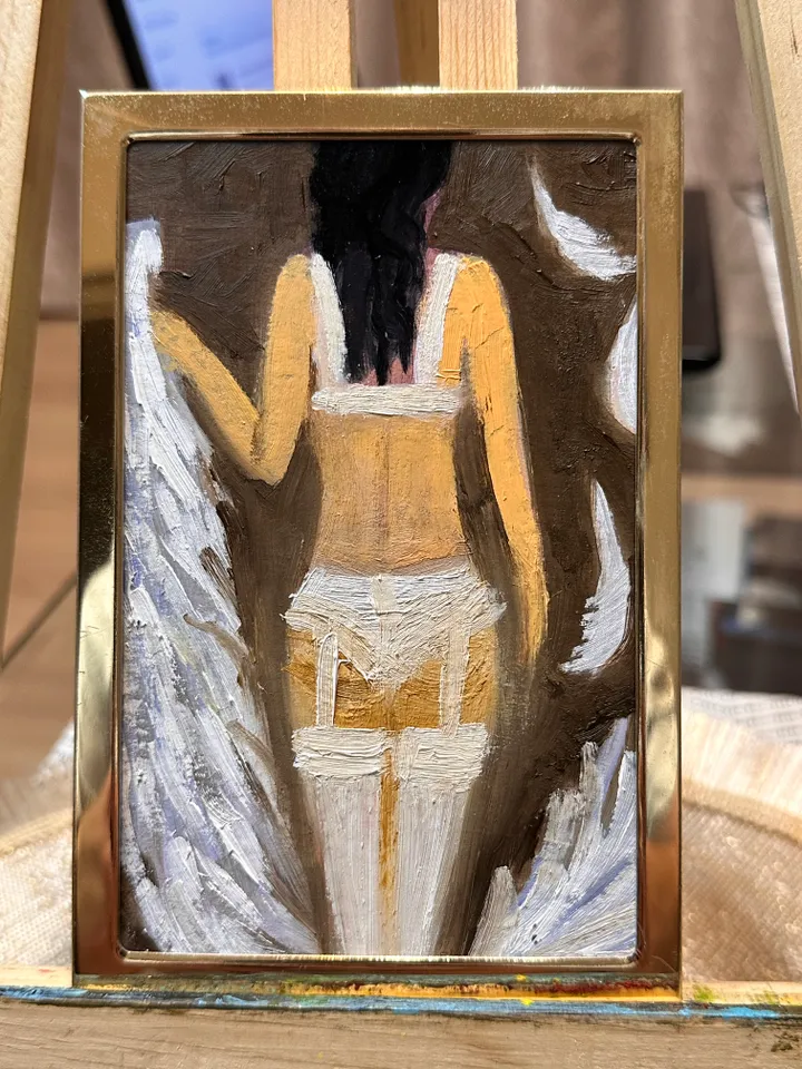 Oil Painting Fallen Angel Portrait of a Woman Figurative People Miniature Cardboard 6x4 inches 15 cm x10 cm In a Gold Frame Modern Art Impressionism Wall Decor