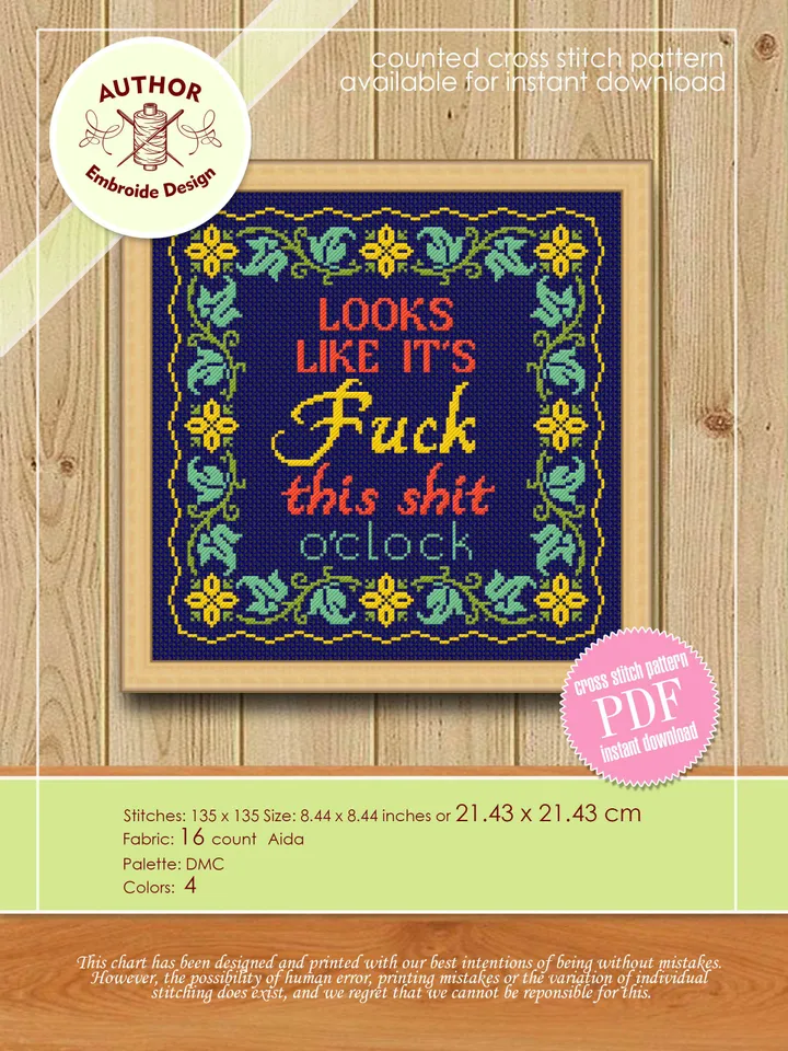 Framed quote cross stitch pattern download PDF, Looks like it is fuck this shit Floral frame cross stitch, Flower border cross stitch #Q13