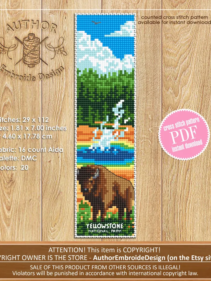 Yellowstone National park bookmark cross stitch pattern PDF download Nature cross stitch chart, Digital bookmark pattern PDF Landscape #B172