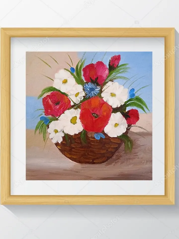 Painting with red flowers Basket daisies Original floral art Original painting