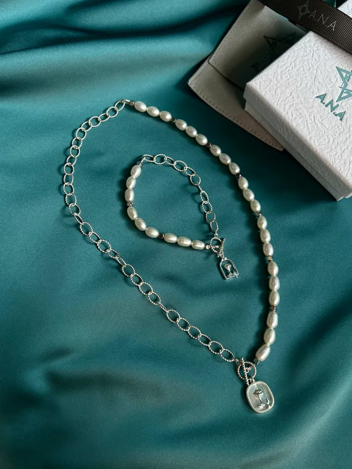 Pearl Silver 925 Jewelry Set Necklace Bracelet BELLE