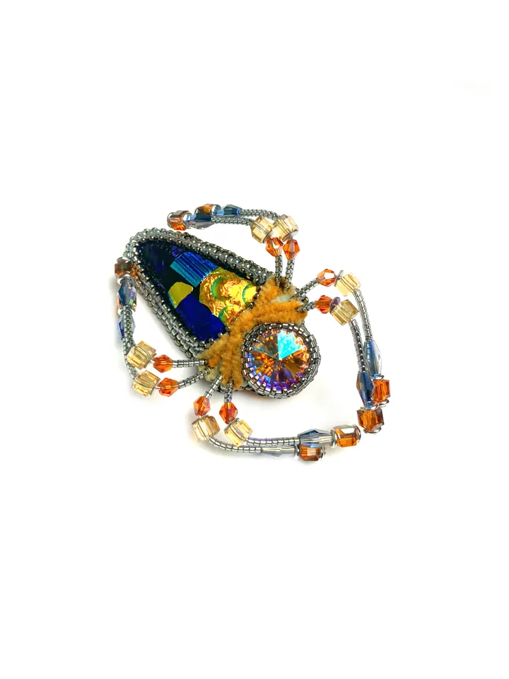 Orange spider brooch, Beaded insect brooch