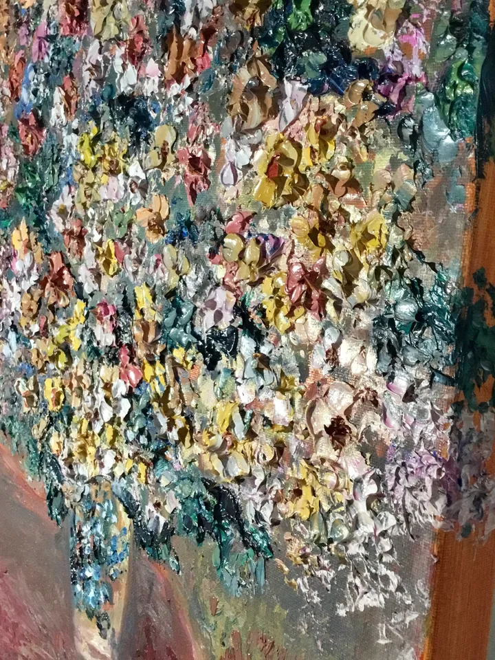 Colourful bouquet of flowers in a vase,one of a kind,impressionistic textured impasto oil painting on 3d stretched canvas,wall decoration.