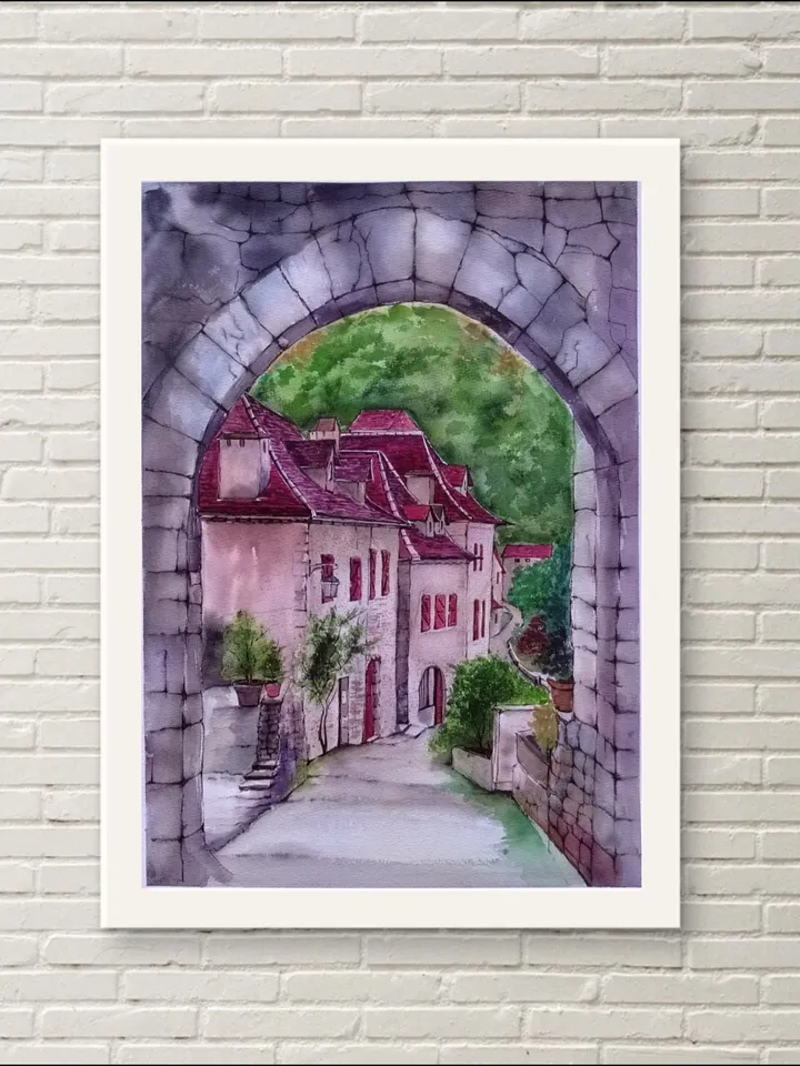 Saint-Cirq Lapopie Original Artwork Old French Village Watercolor Painting 11.81x15.74 in by Art Café
