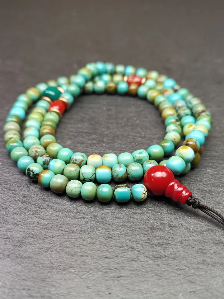 Gandhanra Old 108 Turquoise Beads Necklace Mala,Tibetan Prayer Beads for Meditation Practice ,Diameter 0.23", Circumference 24 inches
