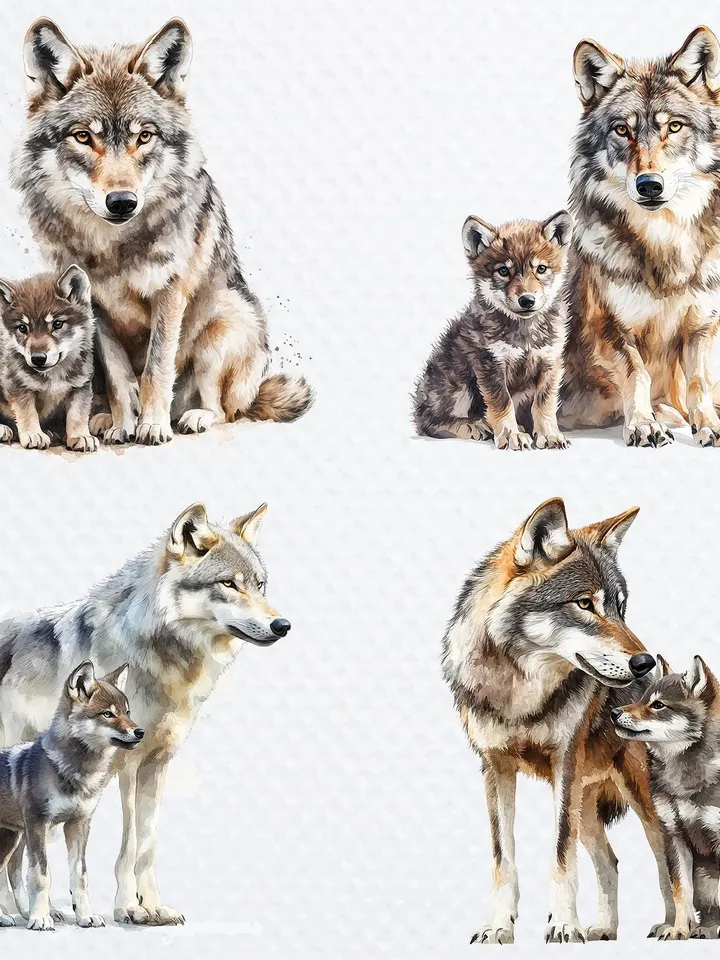 14 Wolf And Baby Wolf PNG Bundle, Little Wolf CubPrintable Watercolor clipart for sublimation, High Quality PNGs, crafting, junk journal